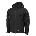 Black M-Tac Soft Shell Jacket with hood and two shoulder pockets for tactical use