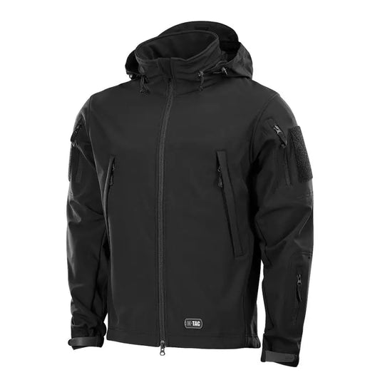 Black M-Tac Soft Shell Jacket with hood and two shoulder pockets for tactical use