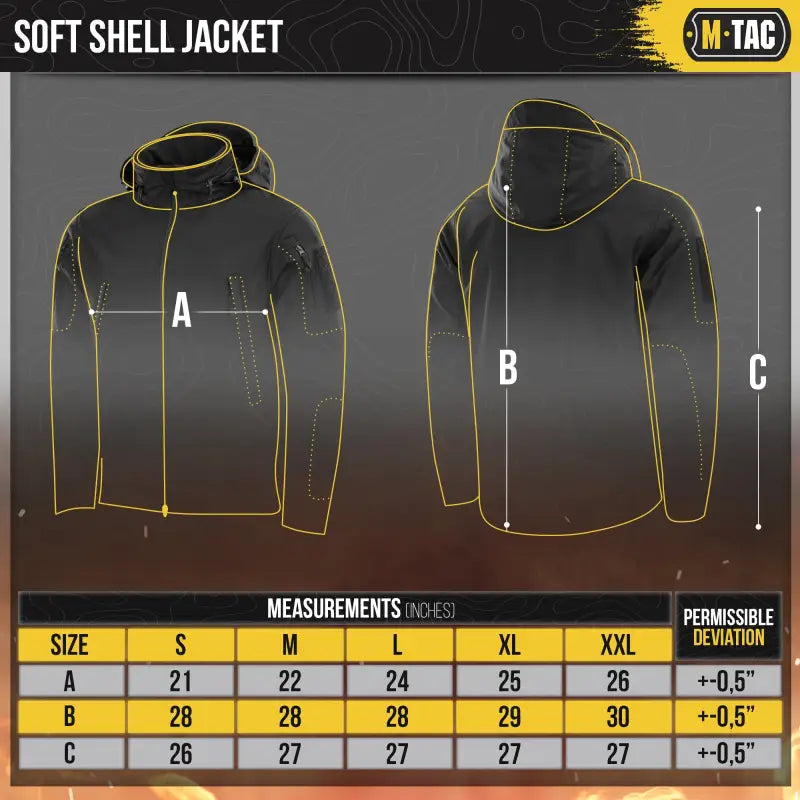 Black M-Tac Soft Shell Jacket with yellow stitching and size measurements chart