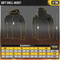 Black M-Tac Soft Shell Jacket with yellow accents and size measurements chart