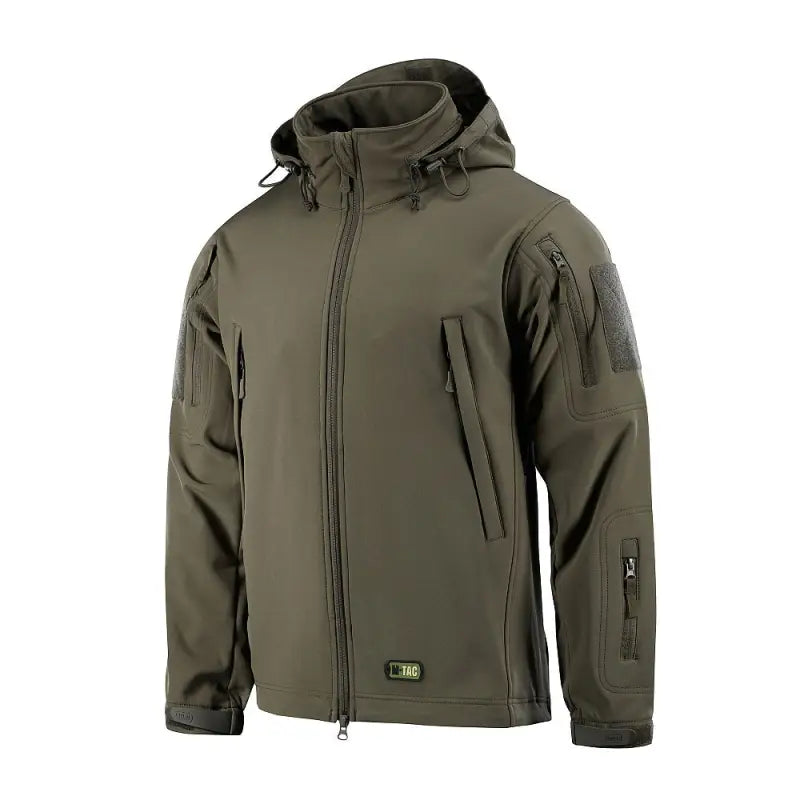 Military-style M-Tac Soft Shell Jacket in olive green with two shoulder pockets