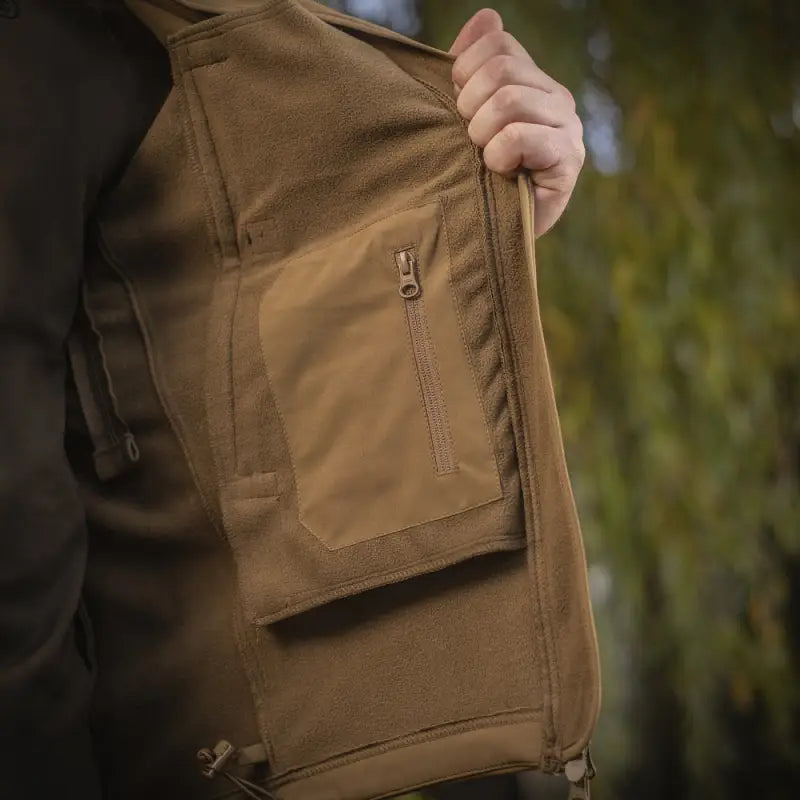 Brown tactical pants with zippered pockets, paired with M-Tac Soft Shell Jacket