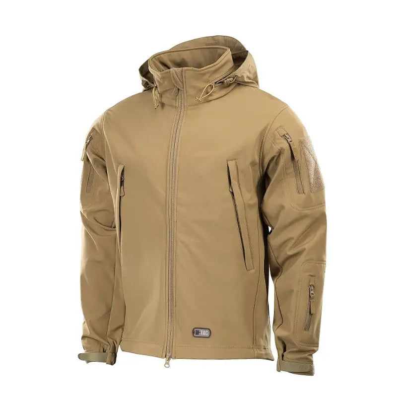 Tan M-Tac Soft Shell Jacket featuring a hood and two shoulder zipper pockets