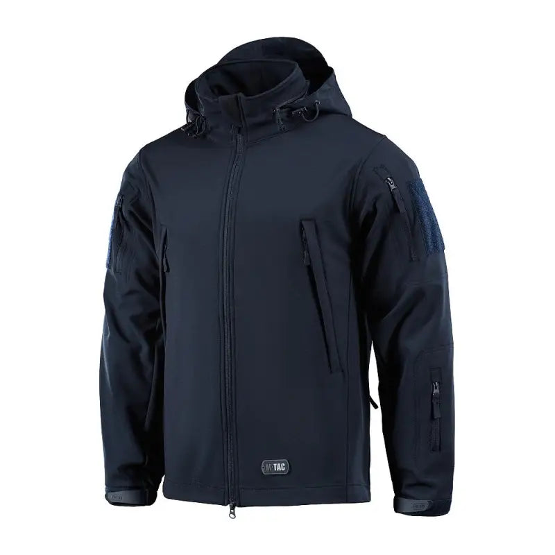 Navy blue M-Tac Soft Shell Jacket with multiple zippered pockets and two shoulder pockets