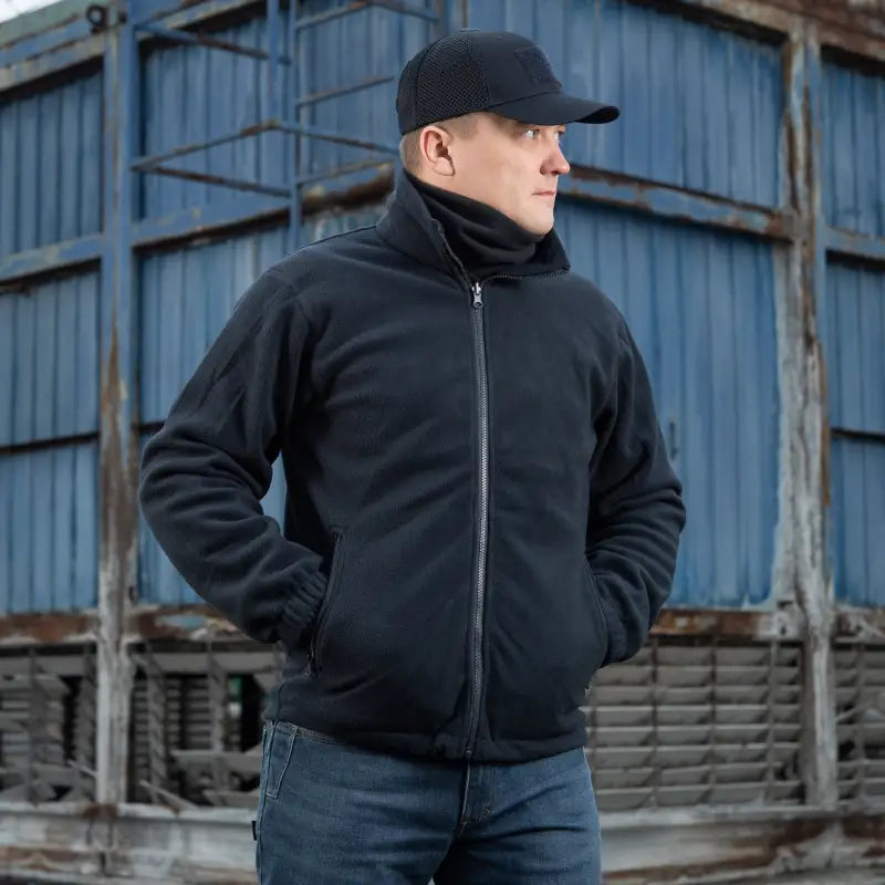 Black M-Tac Soft Shell Jacket with liner and high collar, featuring two shoulder pockets