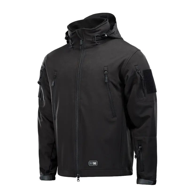 Black M-Tac Soft Shell Jacket with hood and two shoulder pockets, ideal for tactical use