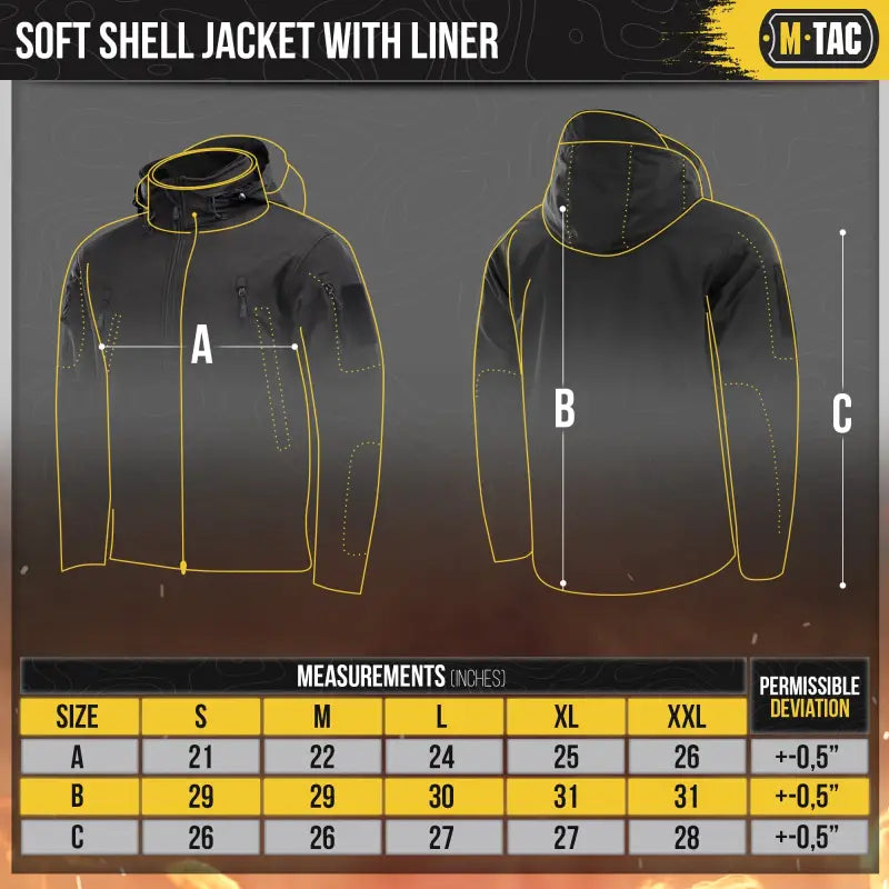 Black M-Tac Soft Shell Jacket with yellow trim and detachable liner, front and back views