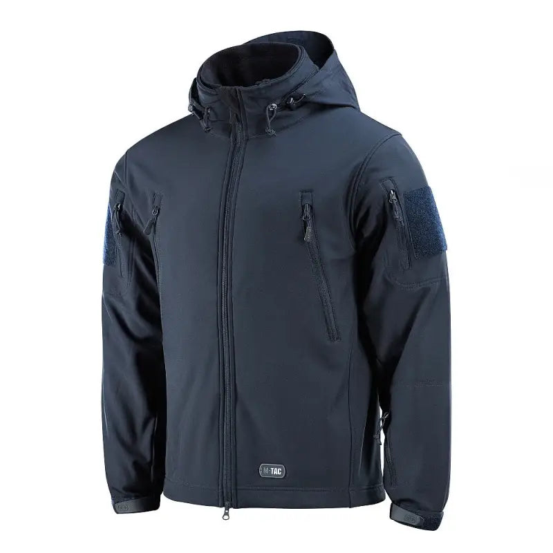 Navy blue M-Tac Soft Shell Jacket with liner and two shoulder pockets for tactical use