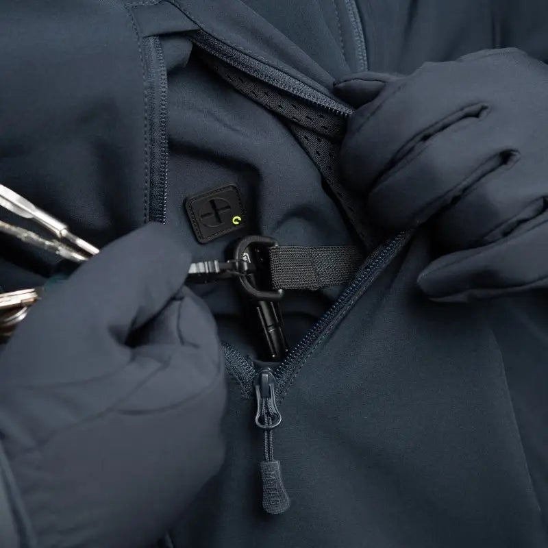 Black M-Tac Soft Shell Jacket with liner, gloved hands adjusting the zipper