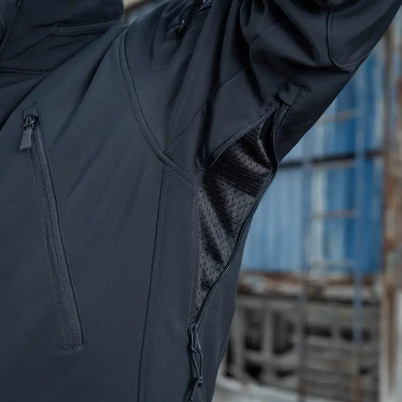 Black M-Tac Soft Shell Jacket with zippered underarm ventilation and two shoulder pockets