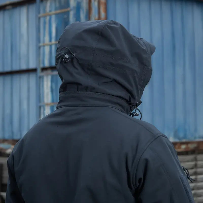 Black hooded M-Tac Soft Shell Jacket with drawstrings and two shoulder pockets