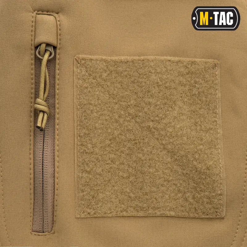 Tan Tactical Patch Panel with Zipper Pocket on M-Tac Soft Shell Jacket with Two Shoulder Pockets