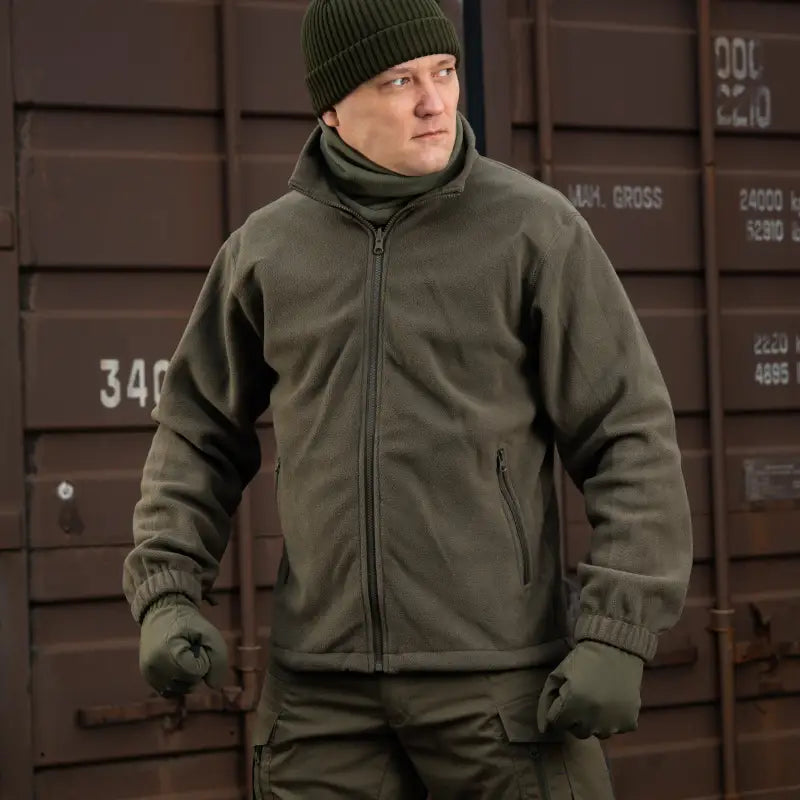 Olive green M-Tac Soft Shell Jacket with full zipper and two side pockets