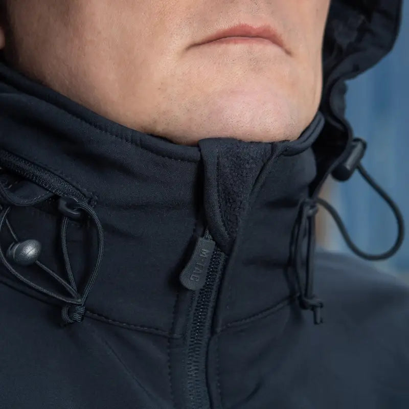 Black collar of M-Tac Soft Shell Jacket featuring drawstring cords and zipper