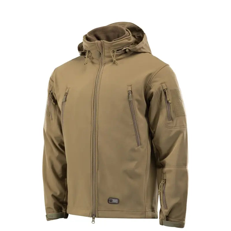 Tan M-Tac Soft Shell Jacket with hood and two shoulder pockets for versatile utility