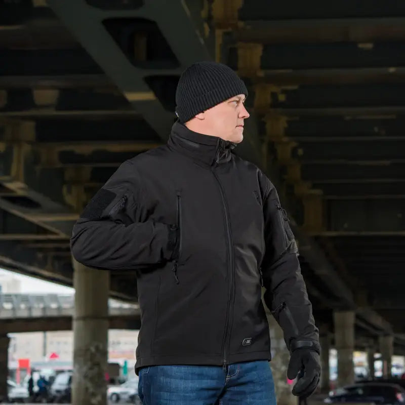 Black M-Tac Soft Shell Jacket with Liner, high collar, beanie, and two shoulder pockets