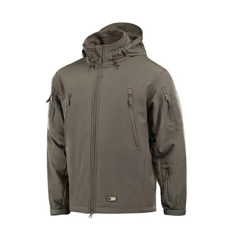 Olive M-Tac Soft Shell Jacket with two shoulder pockets and a hood for tactical use