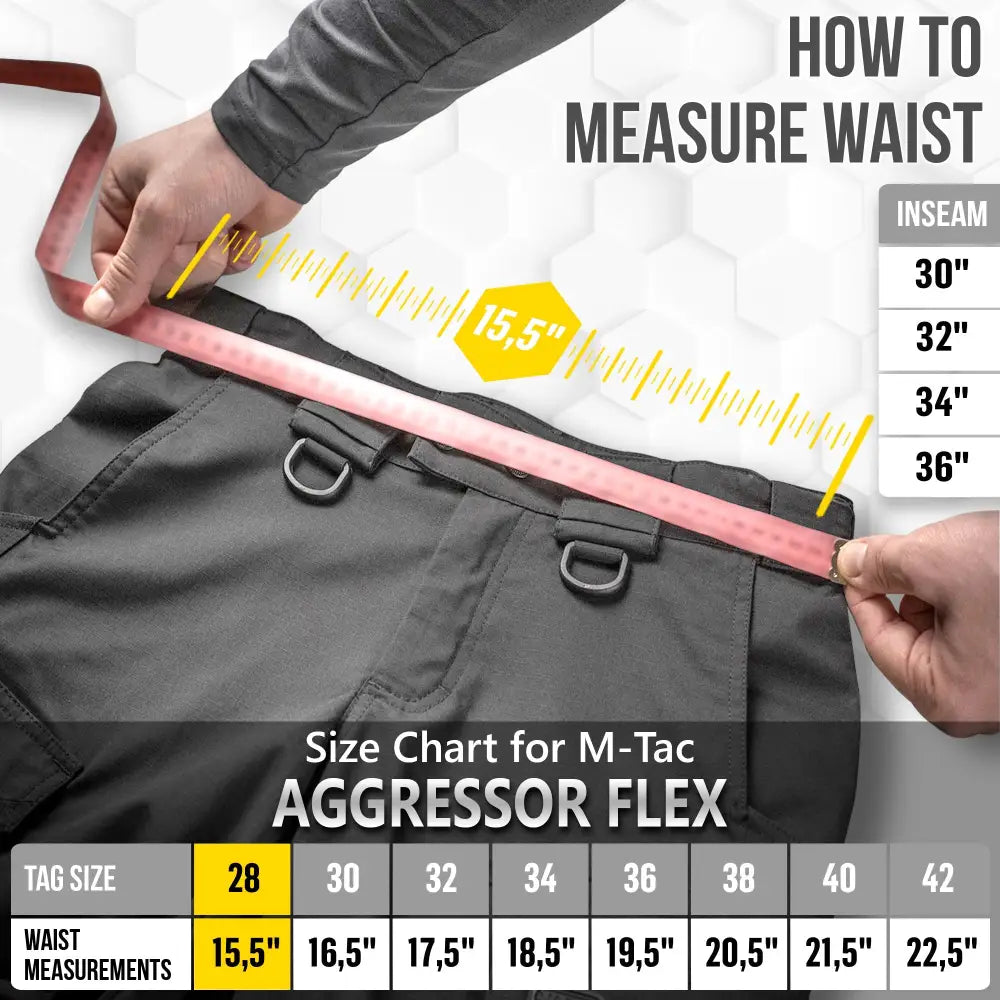 Size chart for waist measurements of M-Tac Tactical Pants Aggressor Gen.II Flex