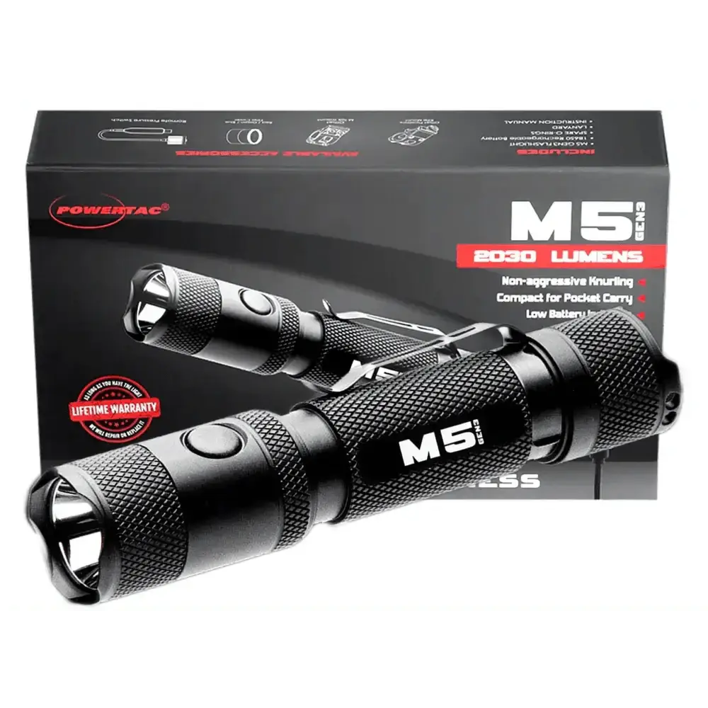 Black Powertac M5 Gen3 Tactical LED Flashlight with Textured Grip and Packaging