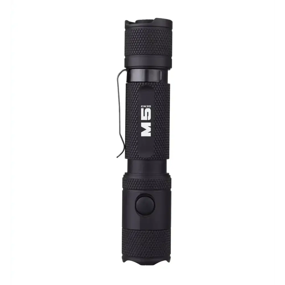 Black Powertac M5 Gen3 flashlight with textured grip and magnetic charging port