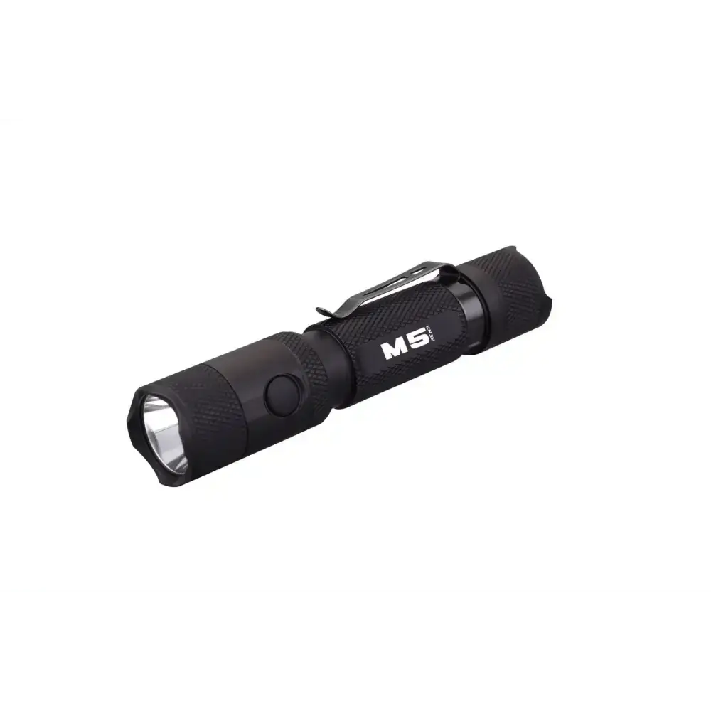 Black Tactical LED Flashlight with M5 branding, featuring Magnetic Charging Port and lifetime warranty