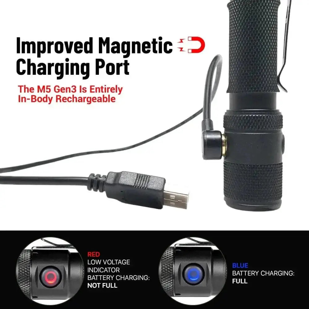 Magnetic charging port and battery display of Powertac M5 Gen3 flashlight with lifetime warranty