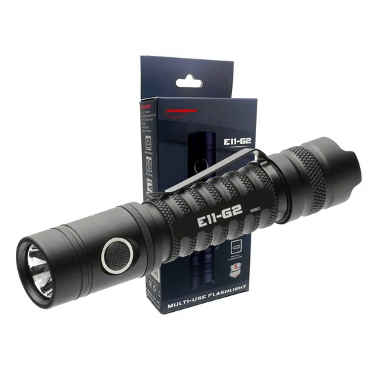 Black tactical flashlight with textured grip in E11Gen2 Bundle, featuring magnetic charging port