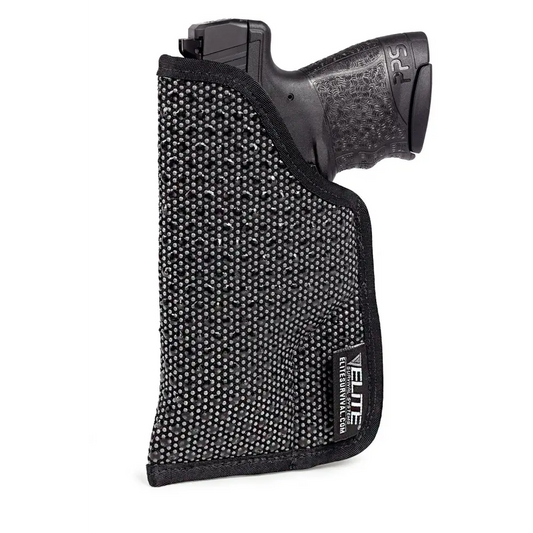 Black mesh pocket holster for compact pistol, featuring a Clipless IWB Holster design