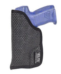 Black mesh pocket holster featuring a blue handgun, ideal for S&W or Sig Sauer clipless IWB holster
