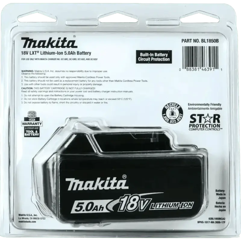 Makita 18V 5.0Ah Lithium-Ion Battery Pack for BL1850B 18V LXT® in Retail Packaging