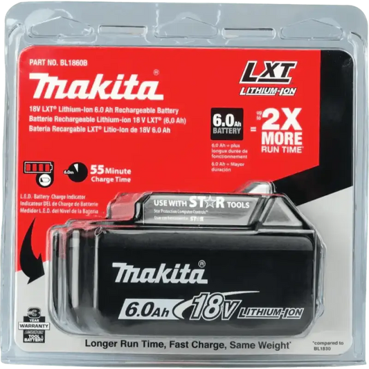 Makita BL1860B 18V LXT® Lithium-Ion 6.0Ah Battery Pack with Star Protection in retail packaging