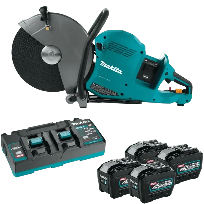 Makita GEC01PL4 80V XGT® Brushless Power Cutter with charging dock and spare batteries