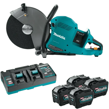 Makita GEC01PL4 80V XGT® Brushless Power Cutter with charging dock and spare batteries