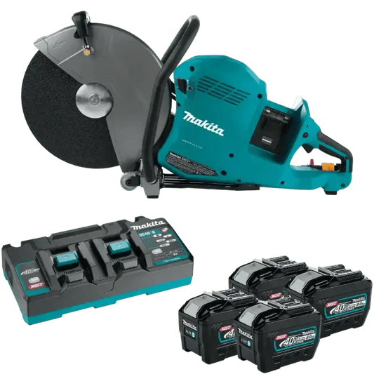 Makita GEC01PL4 80V XGT® Brushless Power Cutter with charging dock and spare batteries