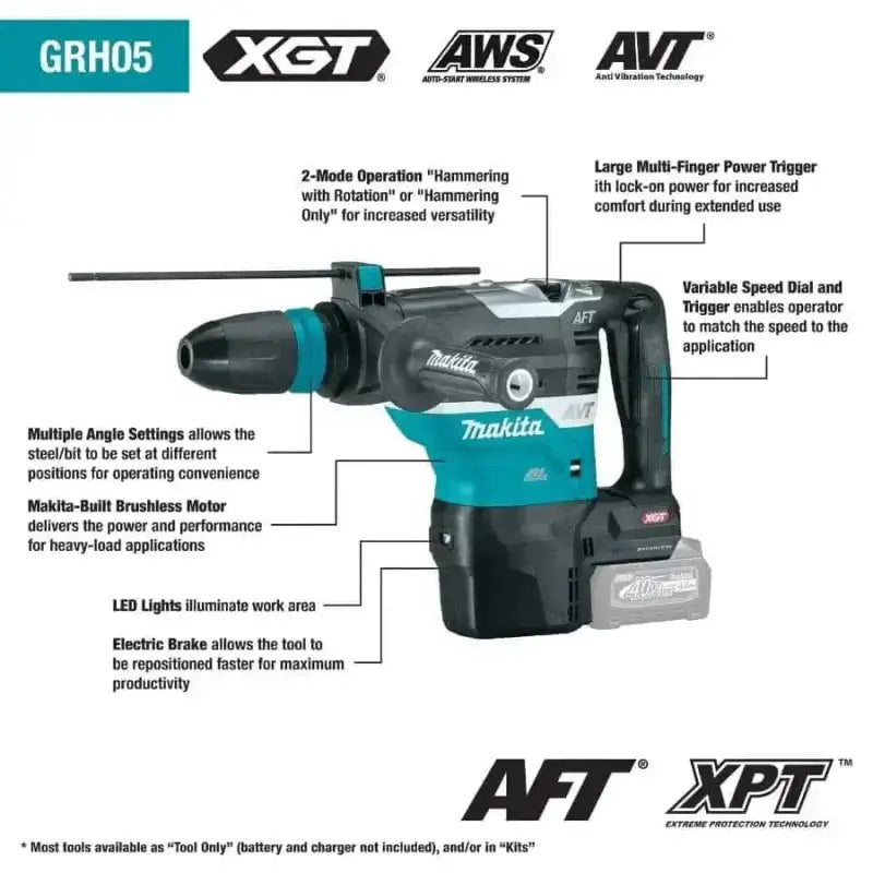 Makita GRH05M1 40V max XGT® Brushless AVT® Rotary Hammer with LED lighting and modes