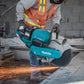 Makita GEC01PL 80V XGT cutting through material with sparks, showcasing its brushless power