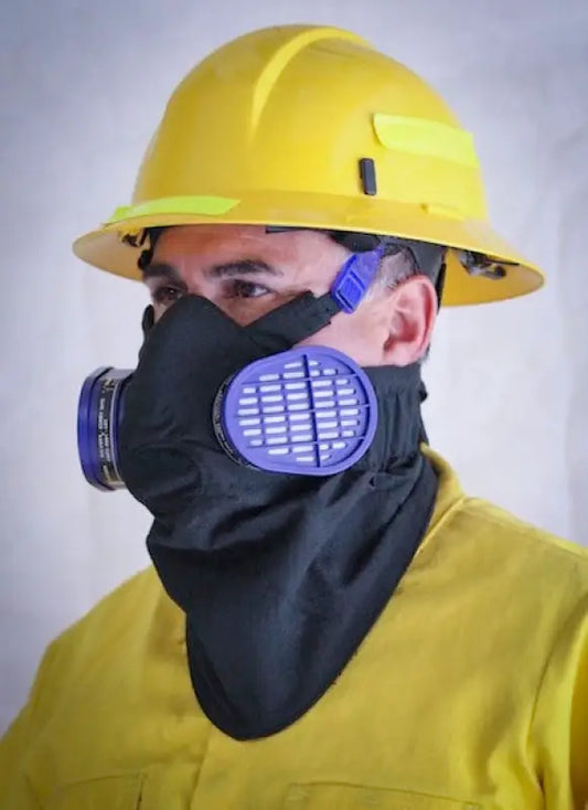 Man wearing Hot Shield HS-5 respirator protector housing and half face respirator