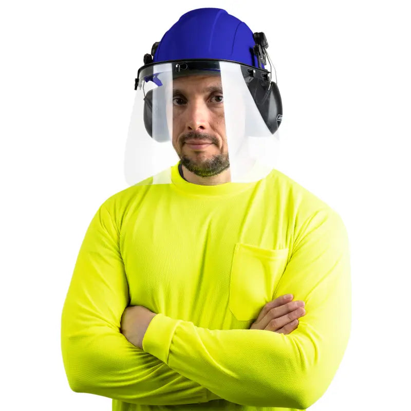 Man wearing safety gear with Cap-Style Hard Hat Kit and Hi-Transparency Face Shield