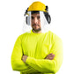 Man wearing a cap-style hard hat kit with hi-transparency face shield and earmuffs