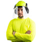 Man wearing a cap-style hard hat kit with mountable earmuffs and hi-transparency face shield