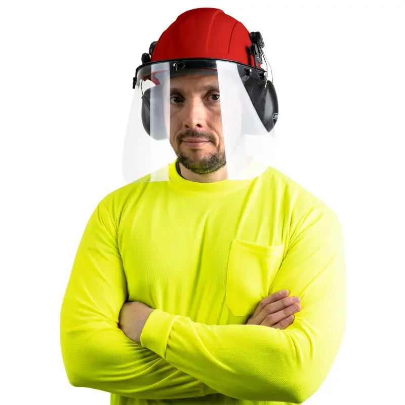 Man wearing safety gear with Cap-Style Hard Hat Kit and Hi-Transparency Face Shield