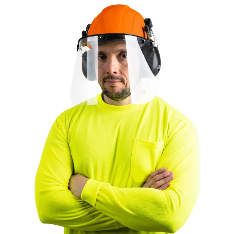 Man in safety gear wearing a cap-style hard hat kit with hi-transparency face shield