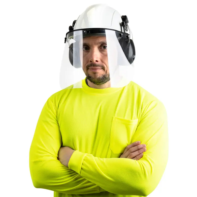 Man wearing safety gear with Cap-Style Hard Hat Kit and Hi-Transparency Face Shield