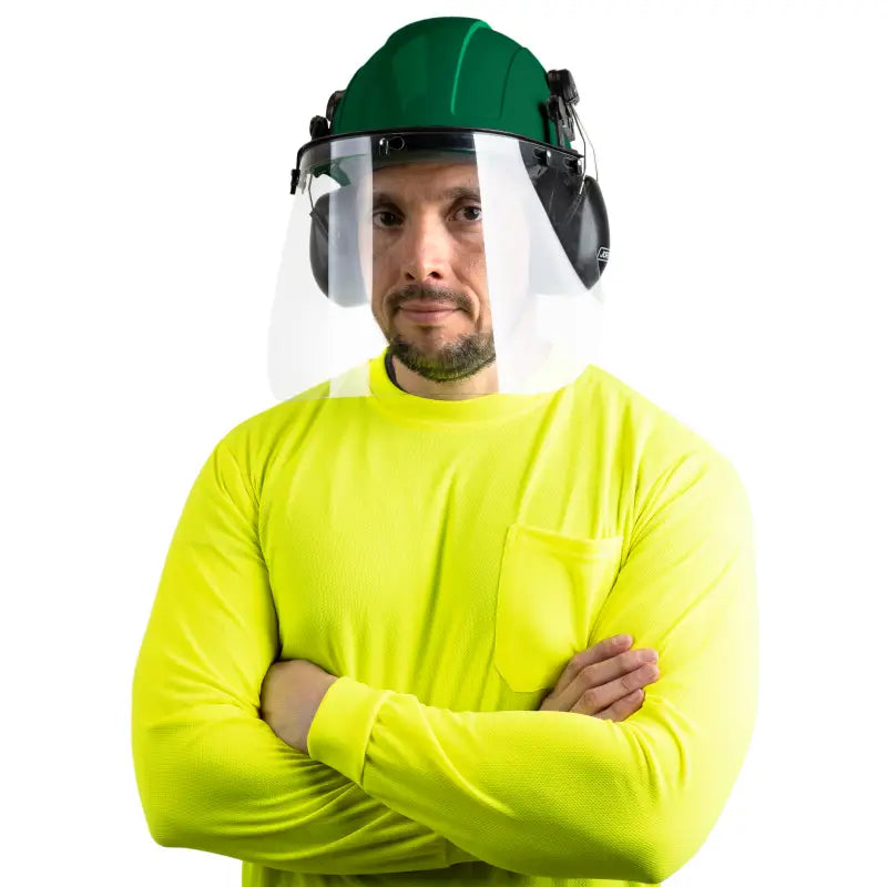 Man in safety gear wearing a Cap-Style Hard Hat Kit with Hi-Transparency Face Shield