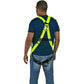 Man wearing a yellow safety body harness for fall protection safety ANSI Z359 compliance