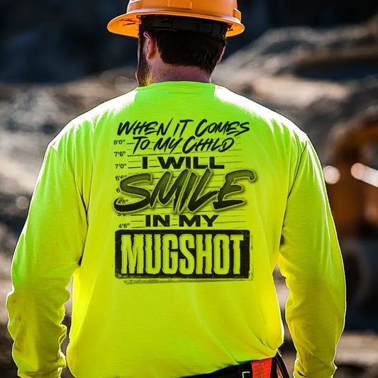 Man’s yellow Mugshot graphic on a Long Sleeve Hi-Vis T-Shirt for visibility and style