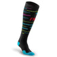 Black knee-high athletic sock with neon stripes and turquoise accents for first responders