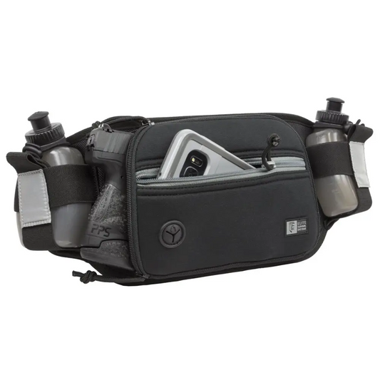 Black Marathon Gun Pack with water bottle holders and concealed carry storage compartments