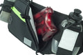 Red metallic gaming controller with water bottles in a Marathon Gun Pack case