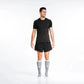 Athletic figure in black workout clothes and grey compression socks, Heather Slate for firefighters